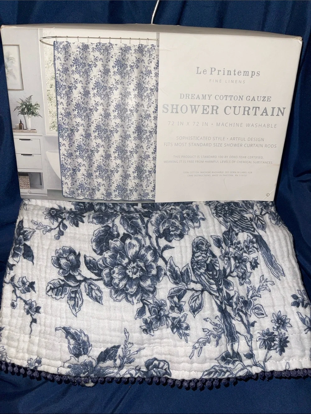 Dreamy Cotton Gauze Shower Curtain - White with Blue Floral & Bird Motif
